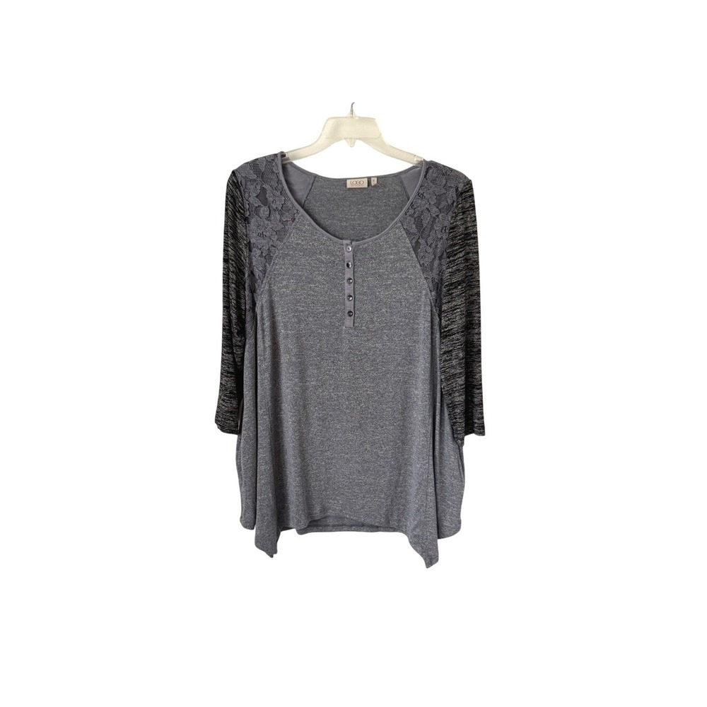 LOGO Lori Goldstein Gray Lace Accent Henley Top Asymmetrical Hem Relaxed Fit XL